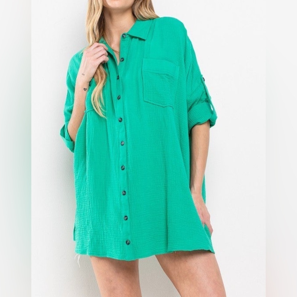 Ces Femme Kelly Green Oversize 100% Cotton Gauze 3/4 Roll Sleeve Boyfriend Shirt